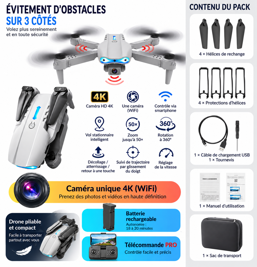 Drone 4K à double caméra avec télécommande et évitement d’obstacles sur trois côtés