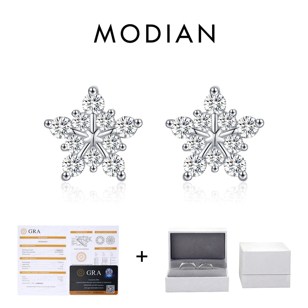 Boucles d’oreilles puces MODIAN en argent 925 et moissanite D – Motif flocon de neige