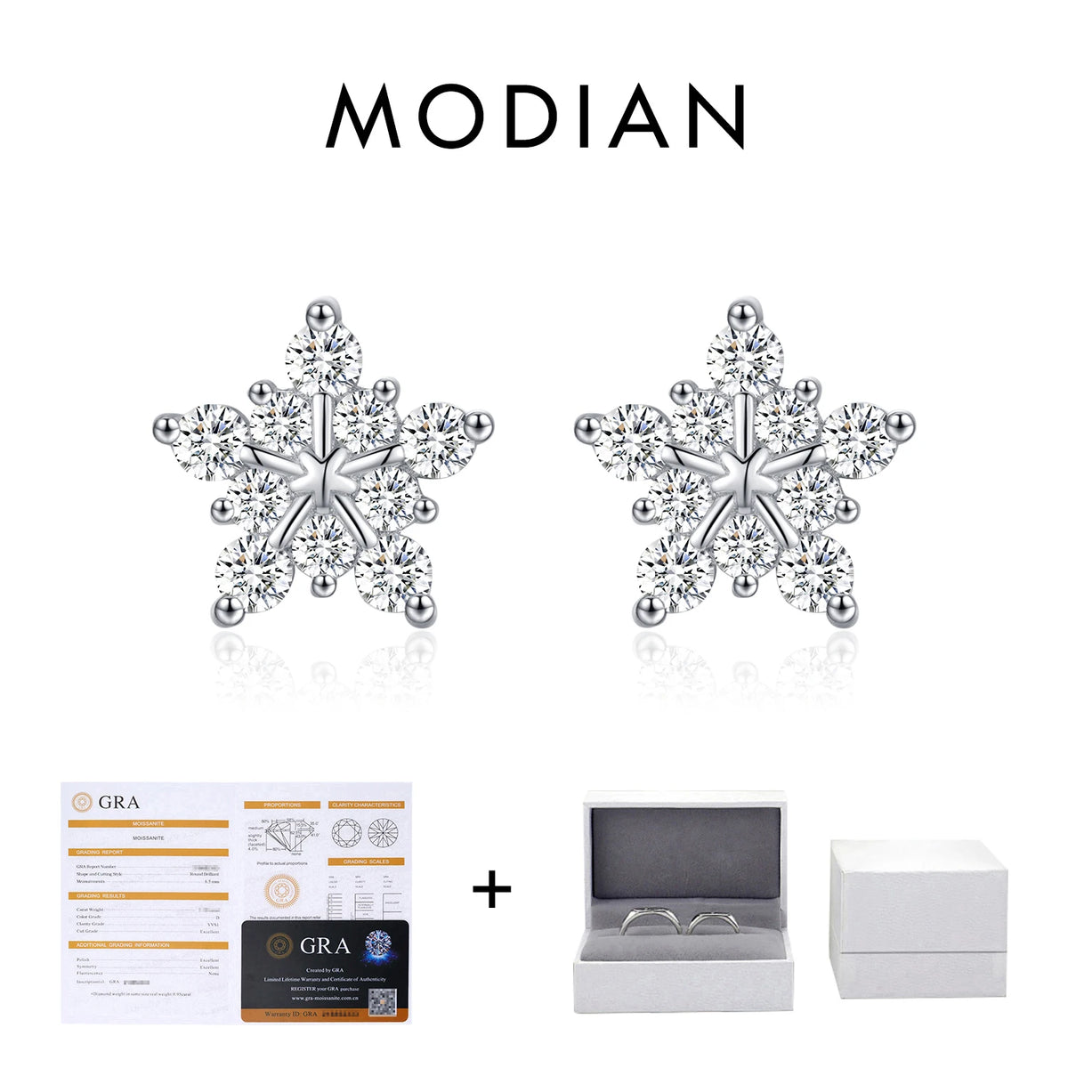 Boucles d’oreilles puces MODIAN en argent 925 et moissanite D – Motif flocon de neige