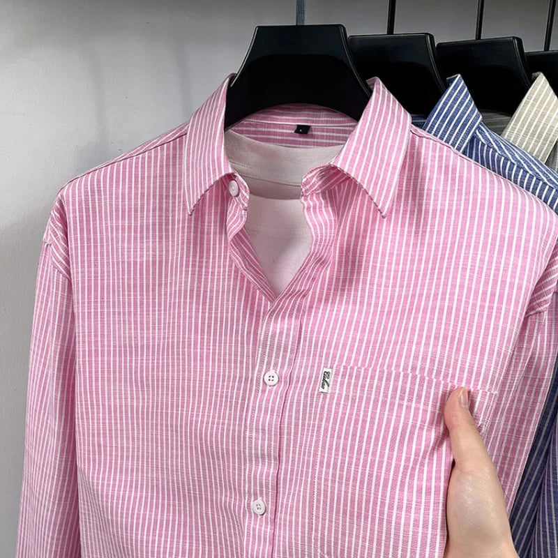 Chemise homme à rayures en coton et lin - Manches longues