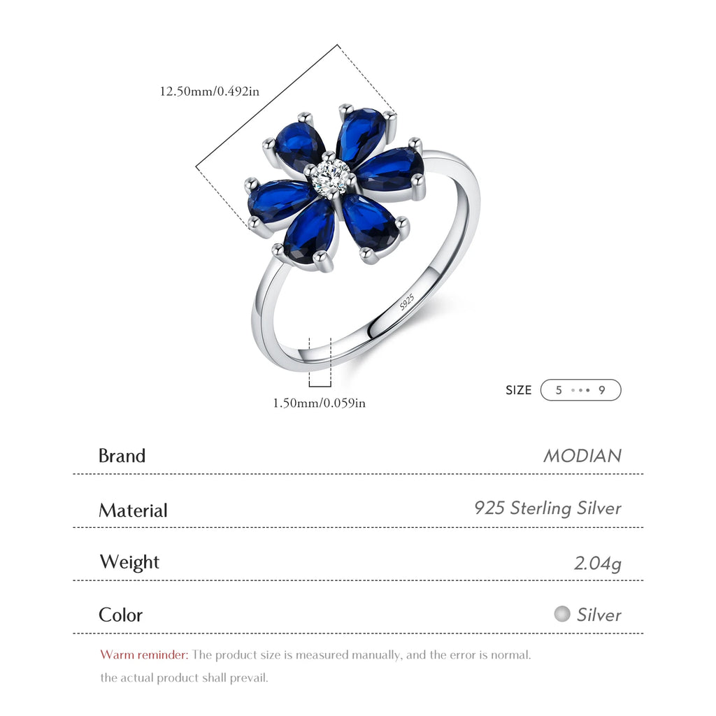 Bague MODIAN en argent 925 - Fleurs raffinées et pierre bleu royal en forme de goutte