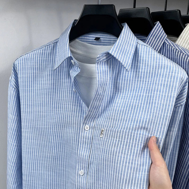 Chemise homme à rayures en coton et lin - Manches longues