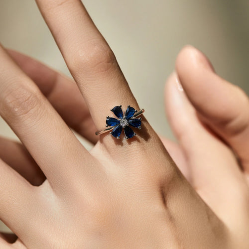 Bague MODIAN en argent 925 - Fleurs raffinées et pierre bleu royal en forme de goutte