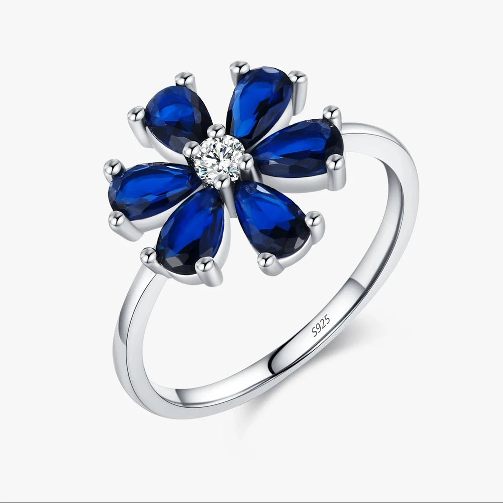 Bague MODIAN en argent 925 - Fleurs raffinées et pierre bleu royal en forme de goutte