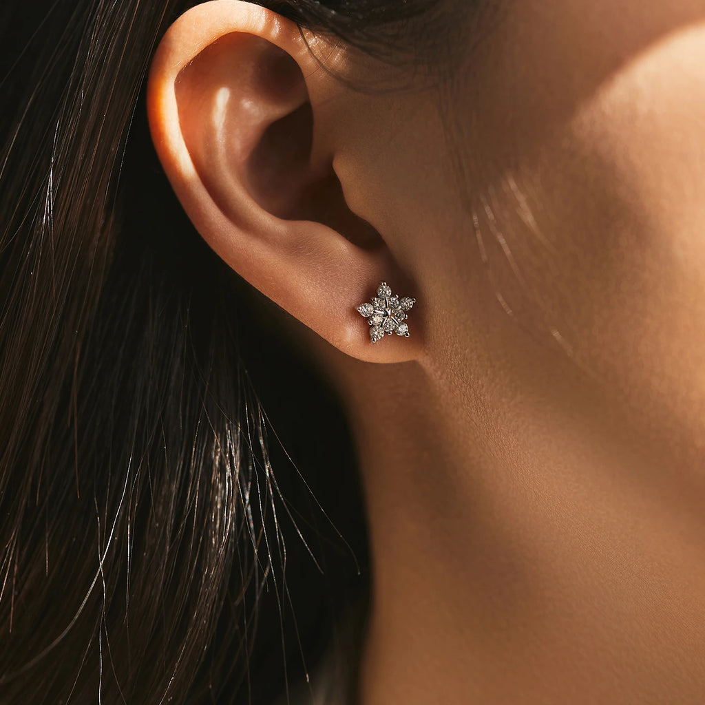 Boucles d’oreilles puces MODIAN en argent 925 et moissanite D – Motif flocon de neige