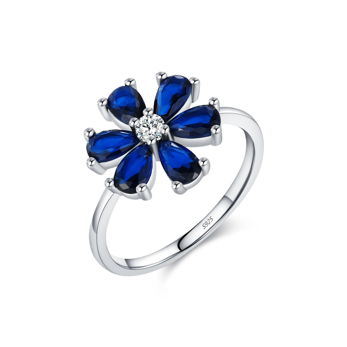 Bague MODIAN en argent 925 - Fleurs raffinées et pierre bleu royal en forme de goutte