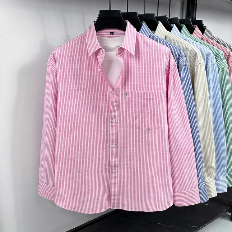 Chemise homme à rayures en coton et lin - Manches longues